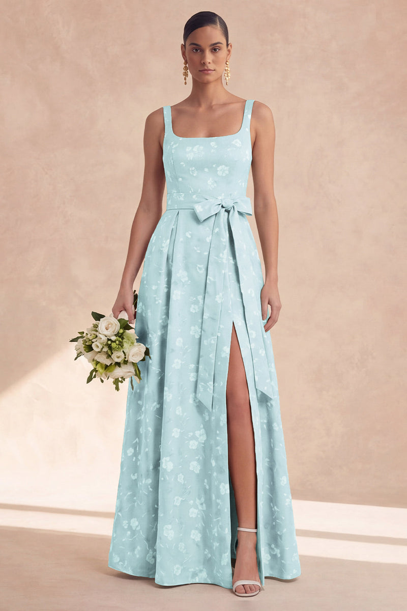 Laden Sie das Bild in den Galerie-Viewer, Sage A-Linie Blumen Brautjungfernkleid mit langen dicken Trägern und Schleife