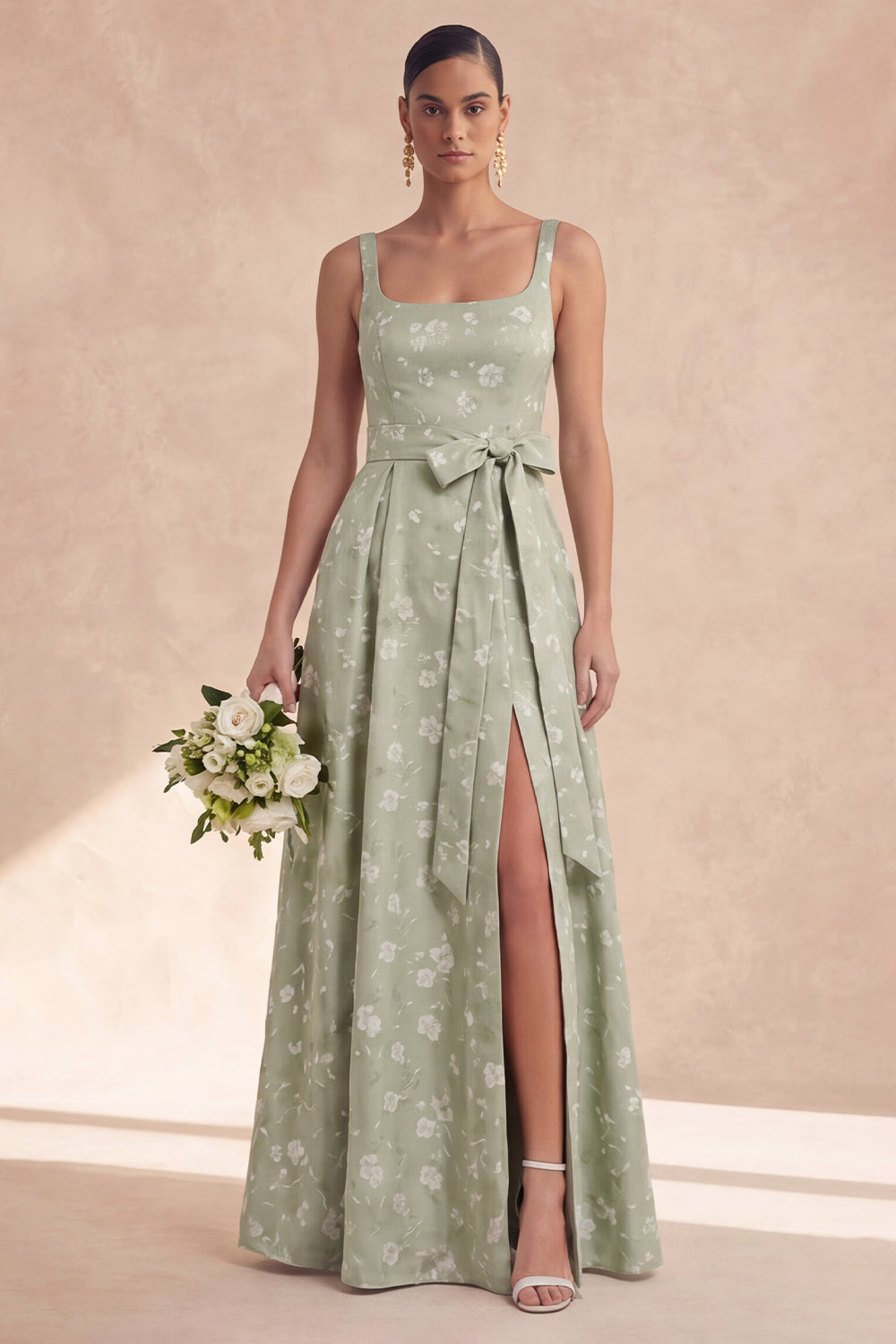 Sage A-Linie Blumen Brautjungfernkleid mit langen dicken Trägern und Schleife