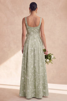 Sage A-Linie Blumen Brautjungfernkleid mit langen dicken Trägern und Schleife