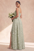 Laden Sie das Bild in den Galerie-Viewer, Sage A-Linie Blumen Brautjungfernkleid mit langen dicken Trägern und Schleife