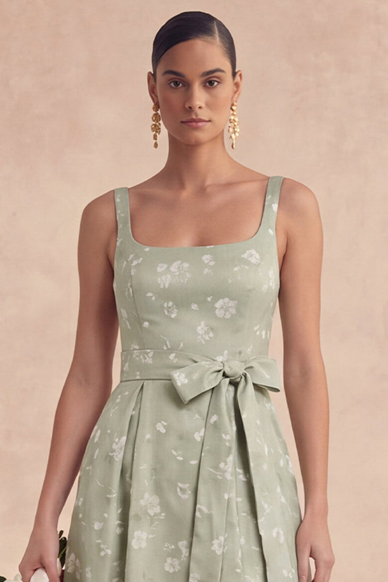 Laden Sie das Bild in den Galerie-Viewer, Sage A-Linie Blumen Brautjungfernkleid mit langen dicken Trägern und Schleife