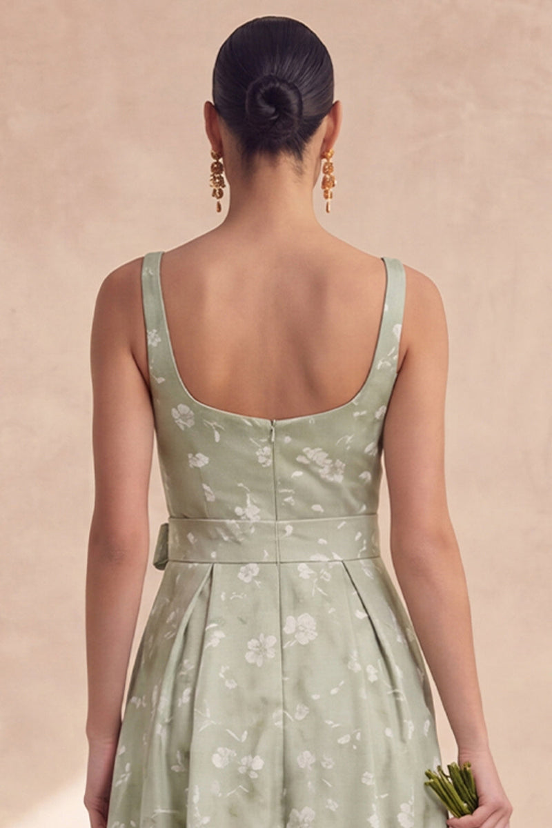 Laden Sie das Bild in den Galerie-Viewer, Sage A-Linie Blumen Brautjungfernkleid mit langen dicken Trägern und Schleife