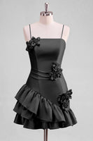 Laden Sie das Bild in den Galerie-Viewer, A-Line Satin Hellblaues Spaghetti-Trägerkleid mit Rüschen Homecoming und 3D-Blumen