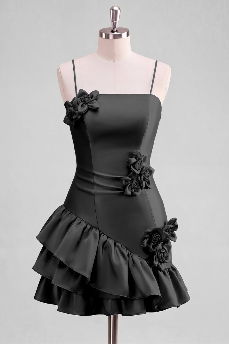 Laden Sie das Bild in den Galerie-Viewer, A-Line Satin Hellblaues Spaghetti-Trägerkleid mit Rüschen Homecoming und 3D-Blumen