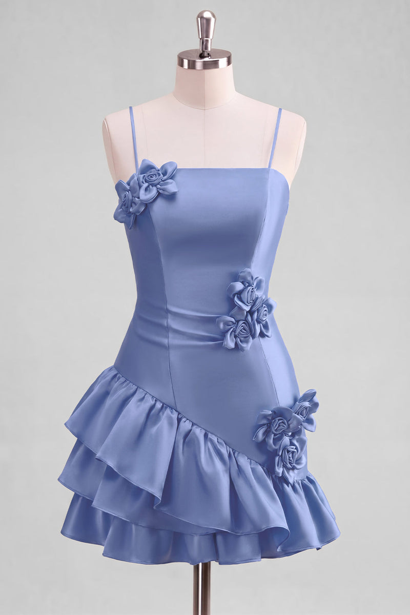 Laden Sie das Bild in den Galerie-Viewer, A-Line Satin Hellblaues Spaghetti-Trägerkleid mit Rüschen Homecoming und 3D-Blumen