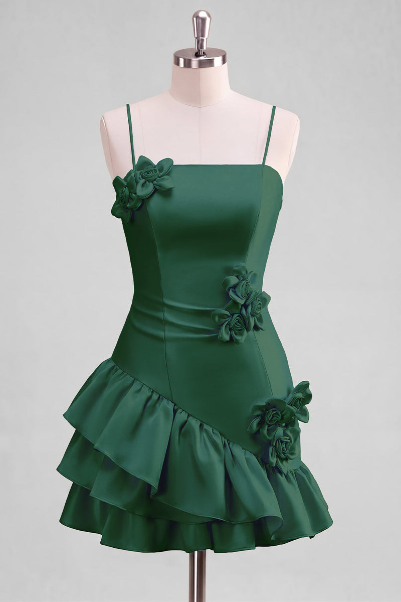 Laden Sie das Bild in den Galerie-Viewer, A-Line Satin Hellblaues Spaghetti-Trägerkleid mit Rüschen Homecoming und 3D-Blumen