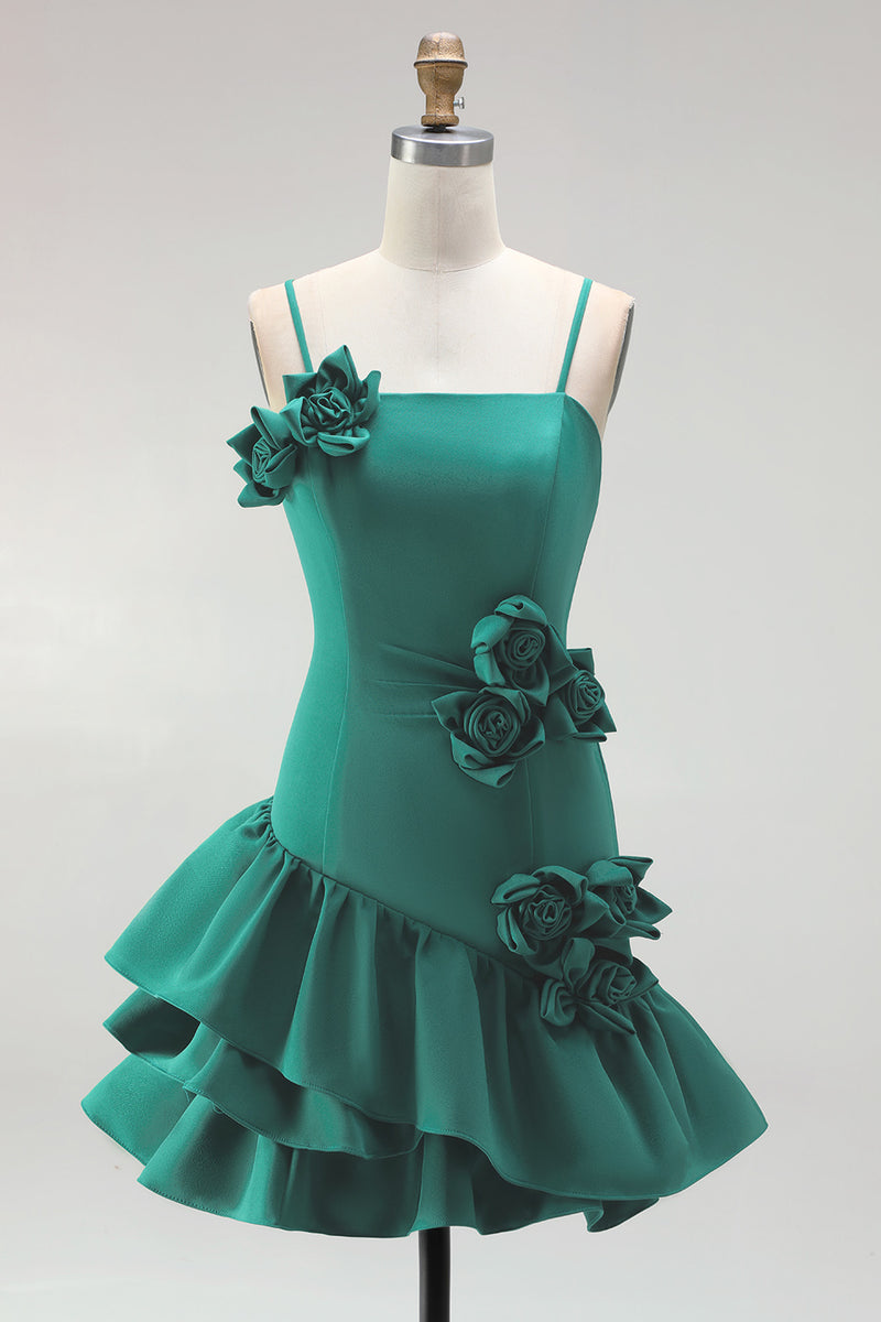 Laden Sie das Bild in den Galerie-Viewer, A-Linie Satin Hellblaues Spaghetti-Träger Kurzes Abendkleid mit Rüschen und 3D-Blumen