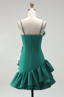 Laden Sie das Bild in den Galerie-Viewer, A-Linie Satin Hellblaues Spaghetti-Träger Kurzes Abendkleid mit Rüschen und 3D-Blumen