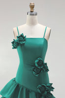 Laden Sie das Bild in den Galerie-Viewer, A-Linie Satin Hellblaues Spaghetti-Träger Kurzes Abendkleid mit Rüschen und 3D-Blumen
