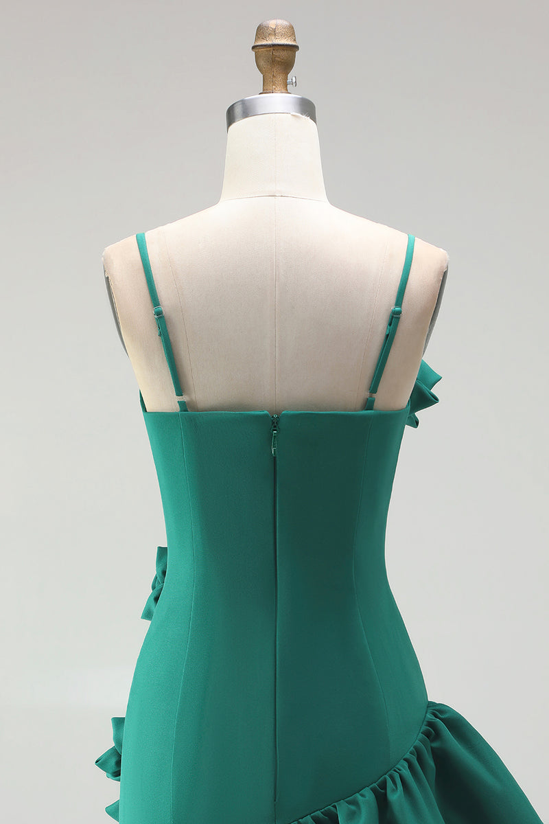Laden Sie das Bild in den Galerie-Viewer, A-Linie Satin Hellblaues Spaghetti-Träger Kurzes Abendkleid mit Rüschen und 3D-Blumen