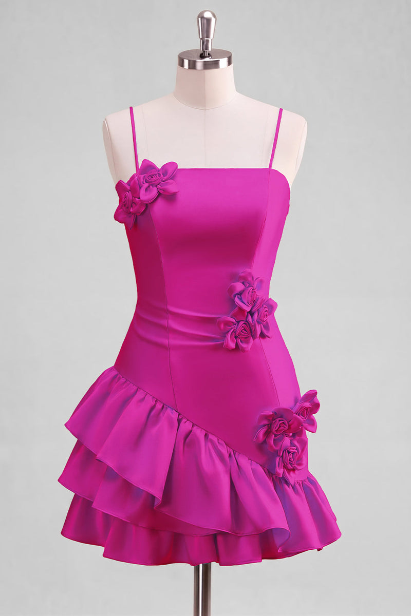 Laden Sie das Bild in den Galerie-Viewer, A-Line Satin Hellblaues Spaghetti-Trägerkleid mit Rüschen Homecoming und 3D-Blumen