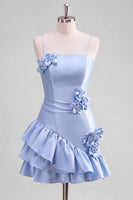 Laden Sie das Bild in den Galerie-Viewer, A-Line Satin Hellblaues Spaghetti-Trägerkleid mit Rüschen Homecoming und 3D-Blumen