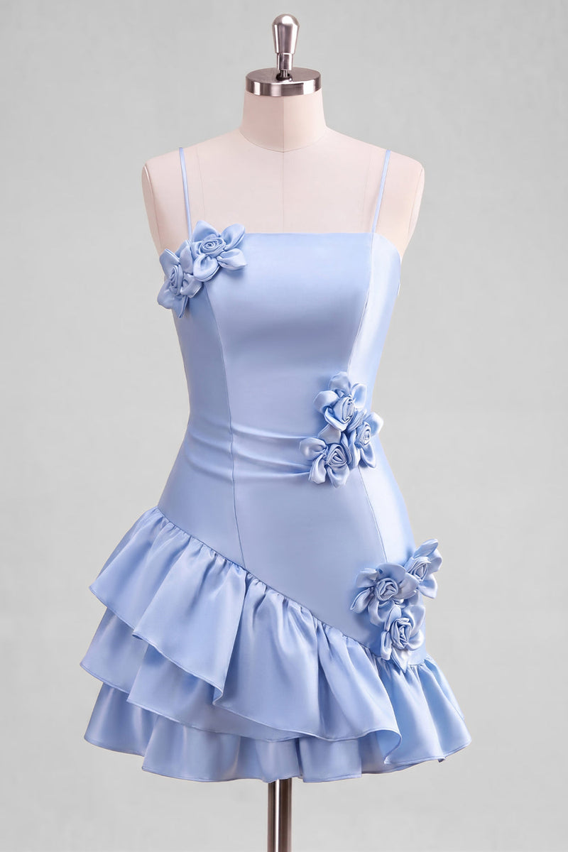 Laden Sie das Bild in den Galerie-Viewer, A-Line Satin Hellblaues Spaghetti-Trägerkleid mit Rüschen Homecoming und 3D-Blumen