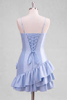Laden Sie das Bild in den Galerie-Viewer, A-Line Satin Hellblaues Spaghetti-Trägerkleid mit Rüschen Homecoming und 3D-Blumen