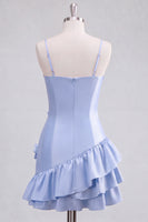 Laden Sie das Bild in den Galerie-Viewer, A-Linie Satin Hellblaues Spaghetti-Träger Kurzes Abendkleid mit Rüschen und 3D-Blumen