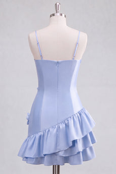 A-Linie Satin Hellblaues Spaghetti-Träger Kurzes Abendkleid mit Rüschen und 3D-Blumen