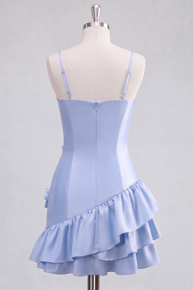 Laden Sie das Bild in den Galerie-Viewer, A-Linie Satin Hellblaues Spaghetti-Träger Kurzes Abendkleid mit Rüschen und 3D-Blumen