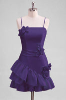 Laden Sie das Bild in den Galerie-Viewer, A-Line Satin Hellblaues Spaghetti-Trägerkleid mit Rüschen Homecoming und 3D-Blumen