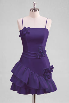 A-Linie Satin Hellblaues Spaghetti-Träger Kurzes Abendkleid mit Rüschen und 3D-Blumen