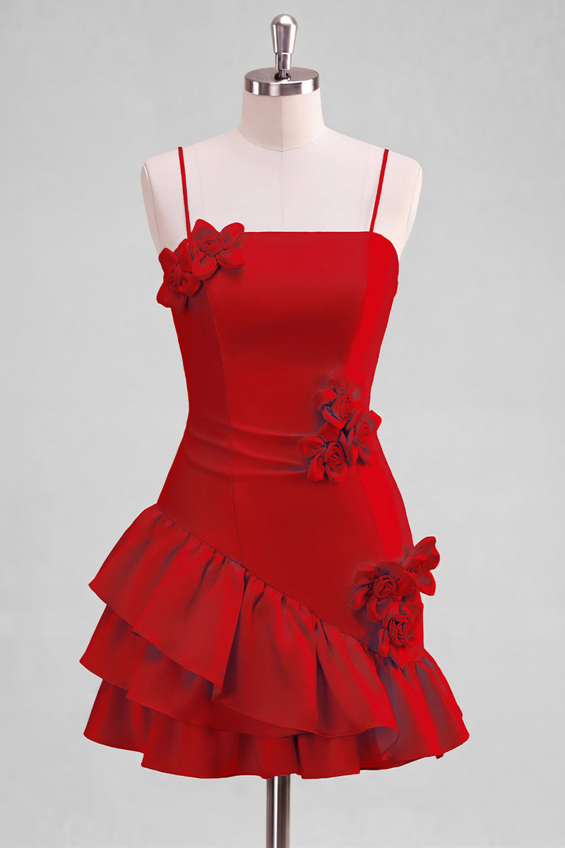 Laden Sie das Bild in den Galerie-Viewer, A-Line Satin Hellblaues Spaghetti-Trägerkleid mit Rüschen Homecoming und 3D-Blumen