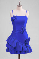 Laden Sie das Bild in den Galerie-Viewer, A-Line Satin Hellblaues Spaghetti-Trägerkleid mit Rüschen Homecoming und 3D-Blumen