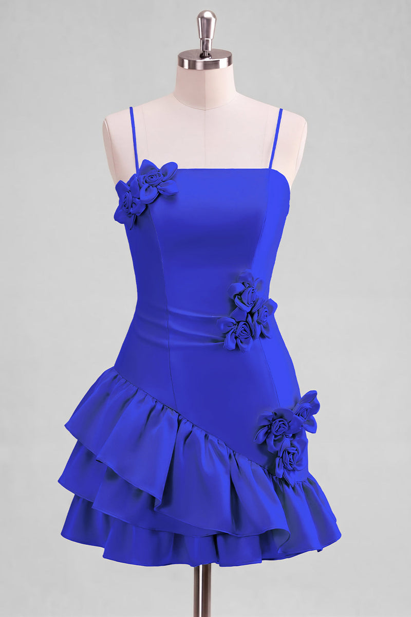 Laden Sie das Bild in den Galerie-Viewer, A-Line Satin Hellblaues Spaghetti-Trägerkleid mit Rüschen Homecoming und 3D-Blumen