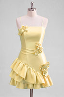 Laden Sie das Bild in den Galerie-Viewer, A-Line Satin Hellblaues Spaghetti-Trägerkleid mit Rüschen Homecoming und 3D-Blumen