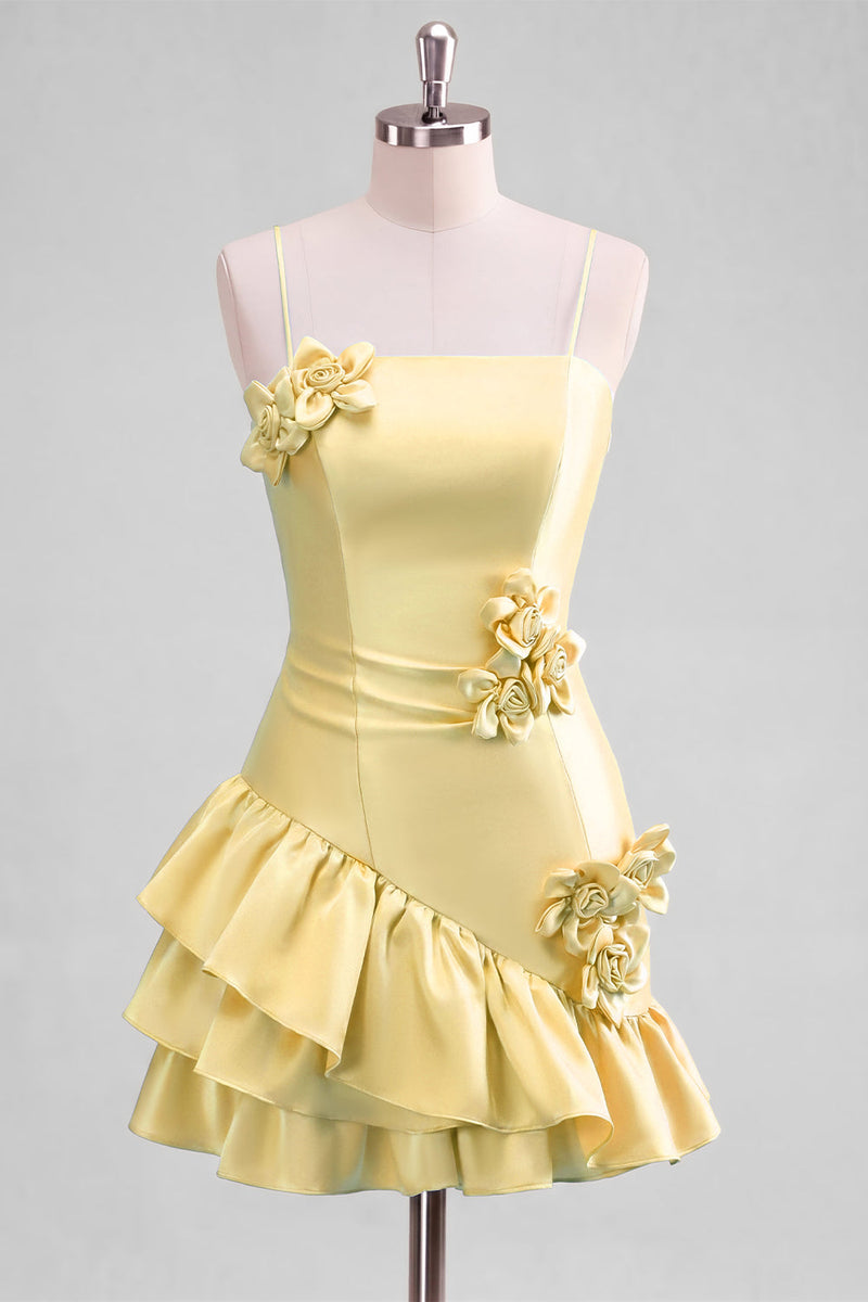 Laden Sie das Bild in den Galerie-Viewer, A-Line Satin Hellblaues Spaghetti-Trägerkleid mit Rüschen Homecoming und 3D-Blumen