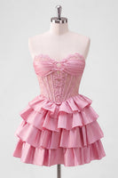 Laden Sie das Bild in den Galerie-Viewer, A-Line pinkes Sweetheart-Korsett, gestuftes Homecoming-Kleid mit Perlen