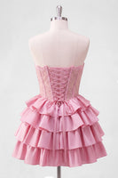 Laden Sie das Bild in den Galerie-Viewer, A-Line pinkes Sweetheart-Korsett, gestuftes Homecoming-Kleid mit Perlen