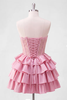 A-Line pinkes Sweetheart-Korsett, gestuftes Homecoming-Kleid mit Perlen