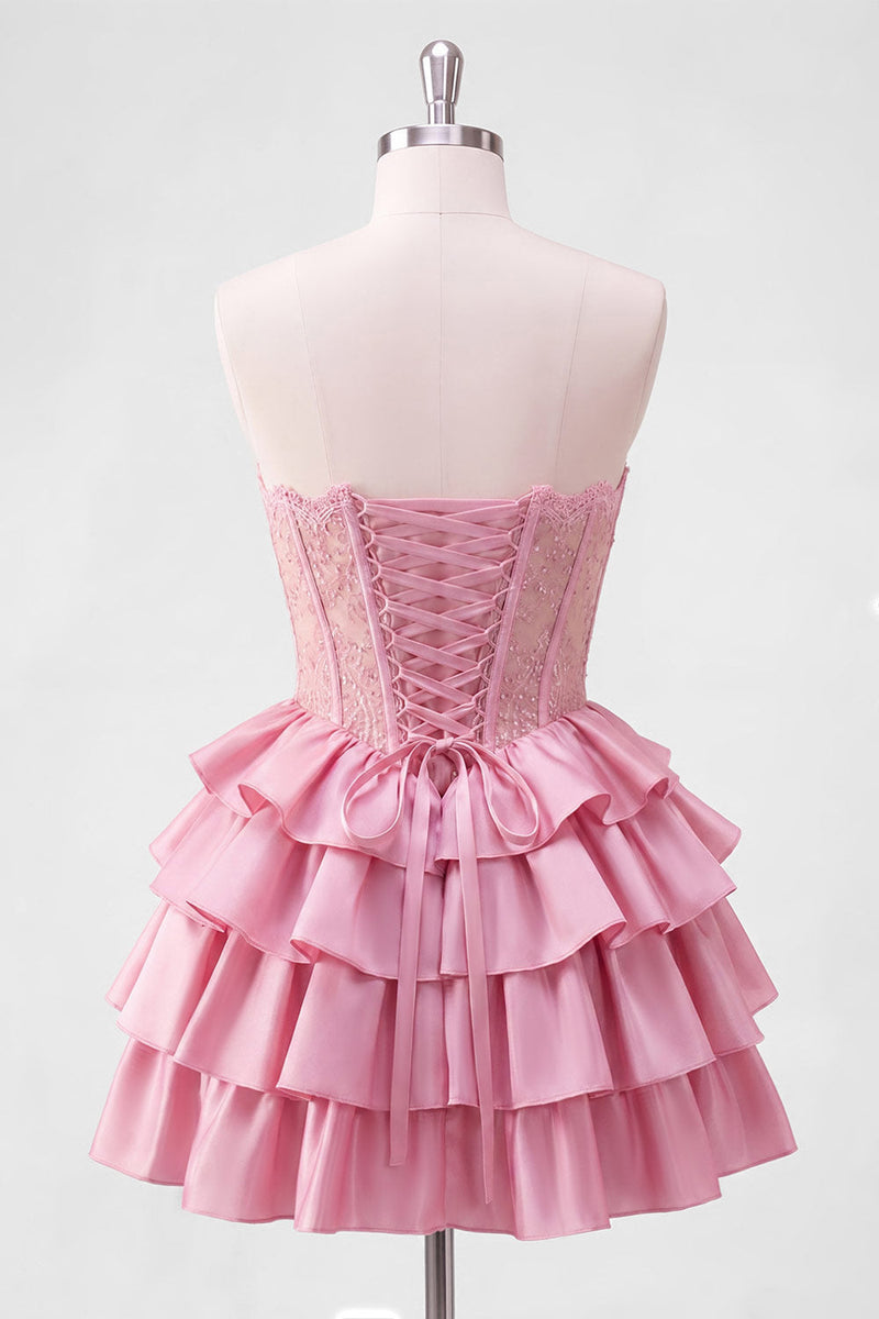Laden Sie das Bild in den Galerie-Viewer, A-Line pinkes Sweetheart-Korsett, gestuftes Homecoming-Kleid mit Perlen