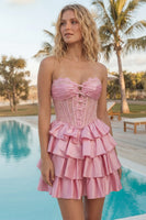 Laden Sie das Bild in den Galerie-Viewer, A-Line pinkes Sweetheart-Korsett, gestuftes Homecoming-Kleid mit Perlen