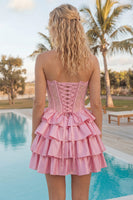 Laden Sie das Bild in den Galerie-Viewer, A-Line pinkes Sweetheart-Korsett, gestuftes Homecoming-Kleid mit Perlen