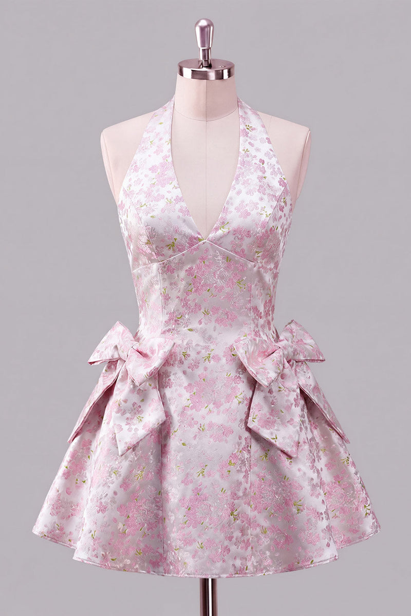 Laden Sie das Bild in den Galerie-Viewer, A-Linie pinkes Neckholder-Jacquard-Floral-Homecoming-Kleid mit Schleife