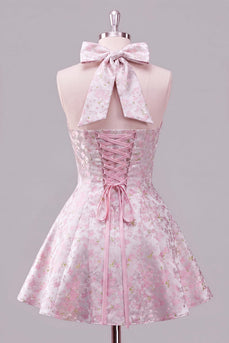 A-Linie pinkes Neckholder-Jacquard-Floral-Homecoming-Kleid mit Schleife