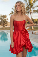 Laden Sie das Bild in den Galerie-Viewer, A-Line rotes, trägerloses Korsett, Blumen-Homecoming-Kleid