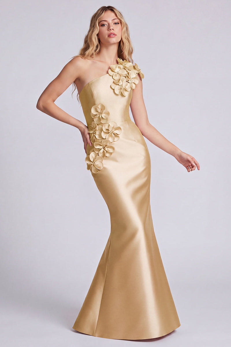 Laden Sie das Bild in den Galerie-Viewer, Einschulter-Satinschwarzes Meerjungfrauenlanges Festliches Kleid mit 3D-Blumen