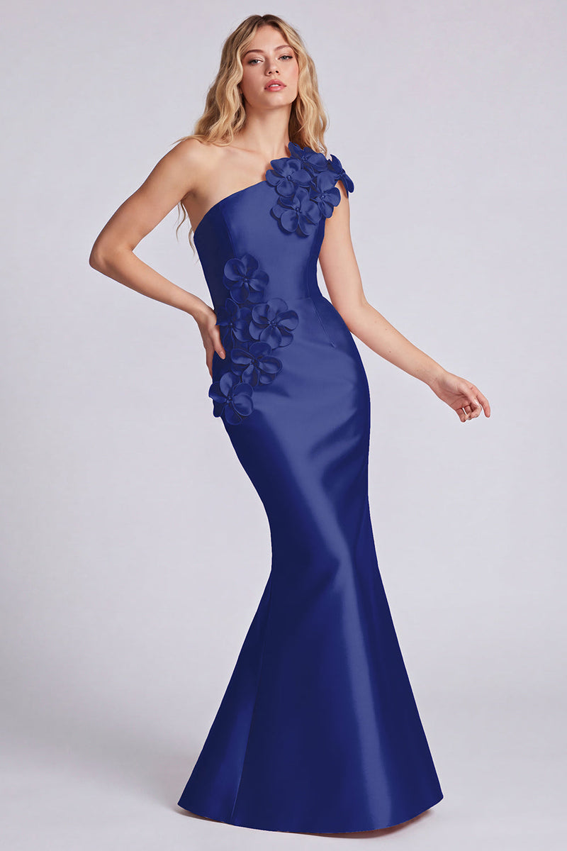 Laden Sie das Bild in den Galerie-Viewer, Einschulter-Satinschwarzes Meerjungfrauenlanges Festliches Kleid mit 3D-Blumen