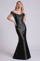 Laden Sie das Bild in den Galerie-Viewer, Dunkles marineblaues, schulterfreies Meerjungfrauen-Satin-Langes-Abendkleid mit 3D-Blumen