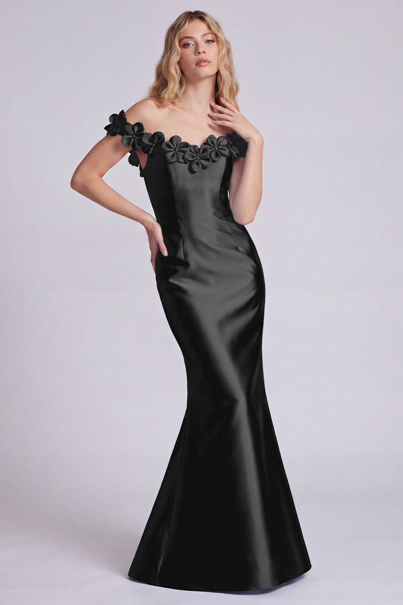 Laden Sie das Bild in den Galerie-Viewer, Dunkles marineblaues, schulterfreies Meerjungfrauen-Satin-Langes-Abendkleid mit 3D-Blumen