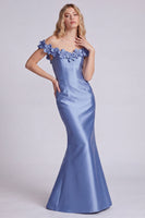 Laden Sie das Bild in den Galerie-Viewer, Dunkles marineblaues, schulterfreies Meerjungfrauen-Satin-Langes-Abendkleid mit 3D-Blumen
