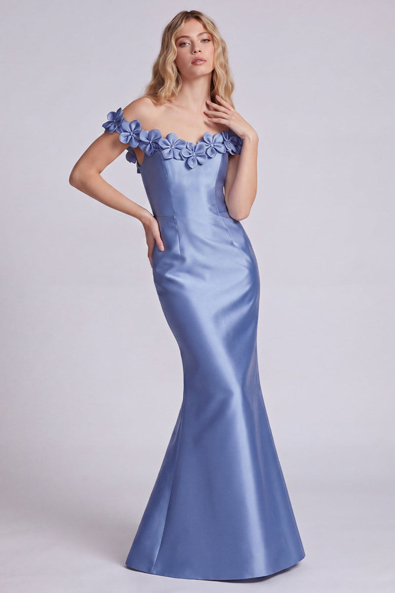 Laden Sie das Bild in den Galerie-Viewer, Dunkles marineblaues, schulterfreies Meerjungfrauen-Satin-Langes-Abendkleid mit 3D-Blumen