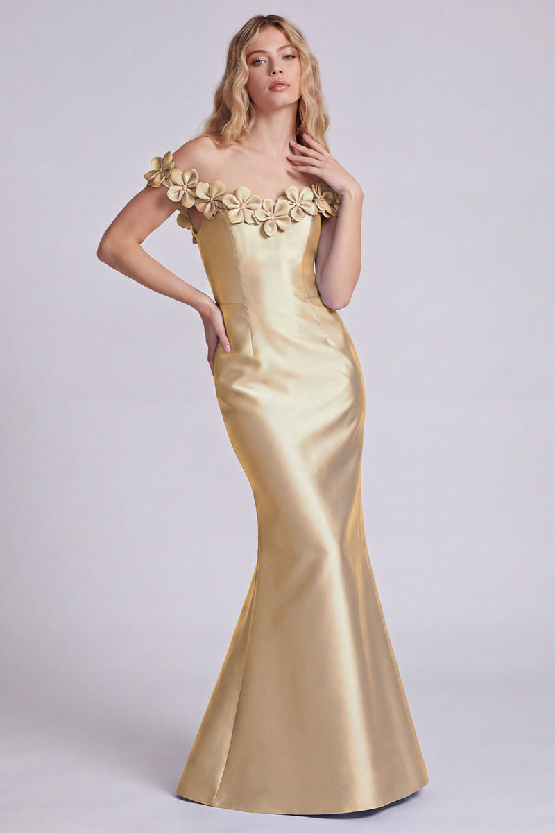 Laden Sie das Bild in den Galerie-Viewer, Dunkles marineblaues, schulterfreies Meerjungfrauen-Satin-Langes-Abendkleid mit 3D-Blumen