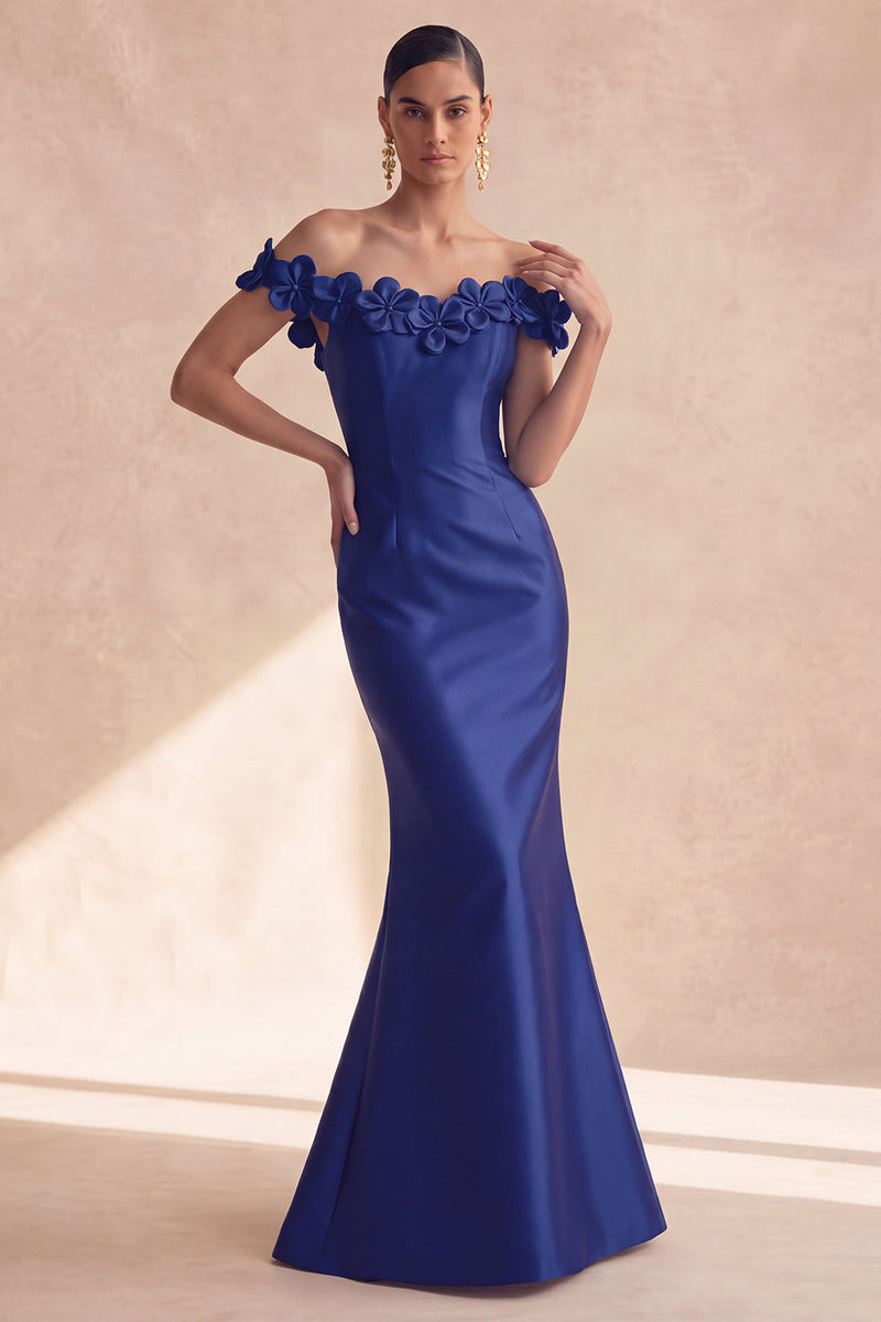 Laden Sie das Bild in den Galerie-Viewer, Dunkles marineblaues, schulterfreies Meerjungfrauen-Satin-Langes-Abendkleid mit 3D-Blumen