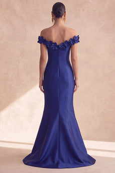 Dunkles marineblaues, schulterfreies Meerjungfrauen-Satin-Langes-Abendkleid mit 3D-Blumen
