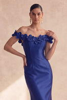 Laden Sie das Bild in den Galerie-Viewer, Dunkles marineblaues, schulterfreies Meerjungfrauen-Satin-Langes-Abendkleid mit 3D-Blumen