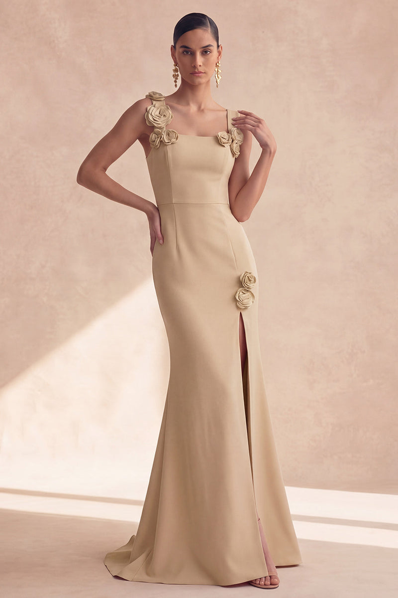 Laden Sie das Bild in den Galerie-Viewer, Champagner-Meerjungfrauen-Quadrathals 3D-Blumen langes Festkleid mit Schlitz