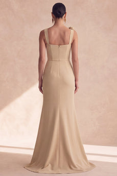 Champagner-Meerjungfrauen-Quadrathals 3D-Blumen langes Festkleid mit Schlitz