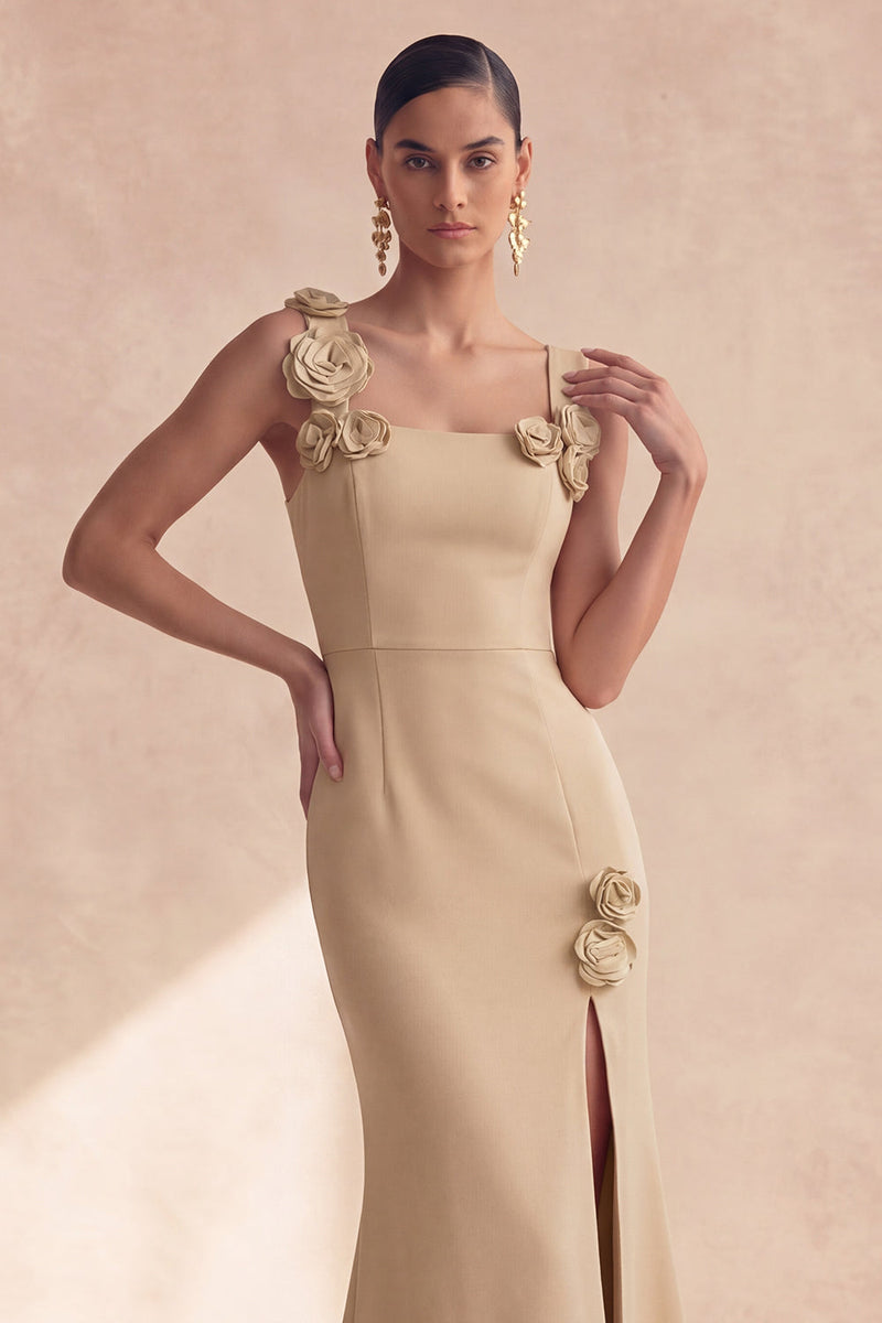 Laden Sie das Bild in den Galerie-Viewer, Champagner-Meerjungfrauen-Quadrathals 3D-Blumen langes Festkleid mit Schlitz